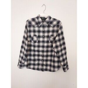 Eddie Bauer Flannel Black and White Plaid Shirt Women's Tall Large Front Pockets